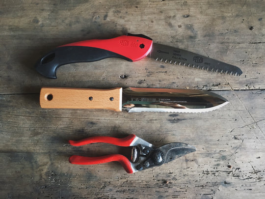 Felco folding saw, felco pruners, and hori hori knife for gardening